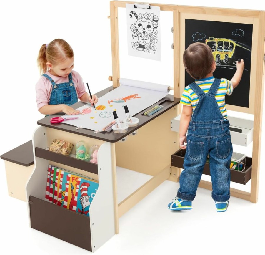 Costzon | Costzon Easel For Kids, Wooden Art Center With Double-Sided Blackboard & Whiteboard, Paper Roll For Drawing, Crafts, Writing, Toddler Activity Table With Storage, Kids Table And Chair Set (Brown)