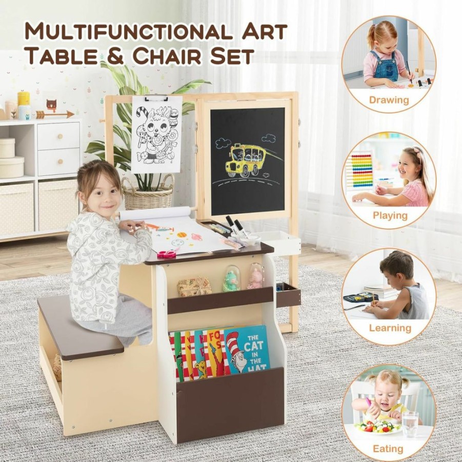 Costzon | Costzon Easel For Kids, Wooden Art Center With Double-Sided Blackboard & Whiteboard, Paper Roll For Drawing, Crafts, Writing, Toddler Activity Table With Storage, Kids Table And Chair Set (Brown)