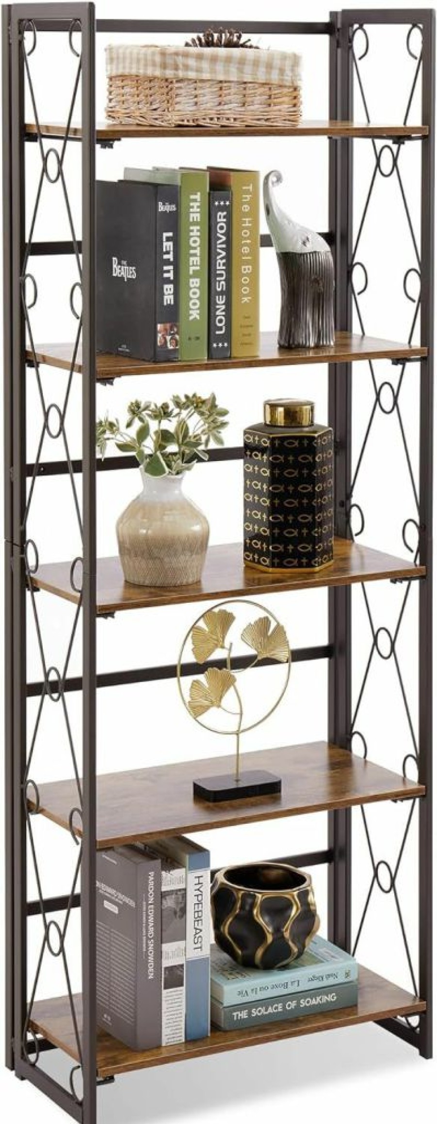 VECELO | Vecelo Bookshelf,4-Tier Metal Frame Book Shelf,Open Display Shelf With 2 Drawers And 1 Cabinet,Classic Brown,1 Set