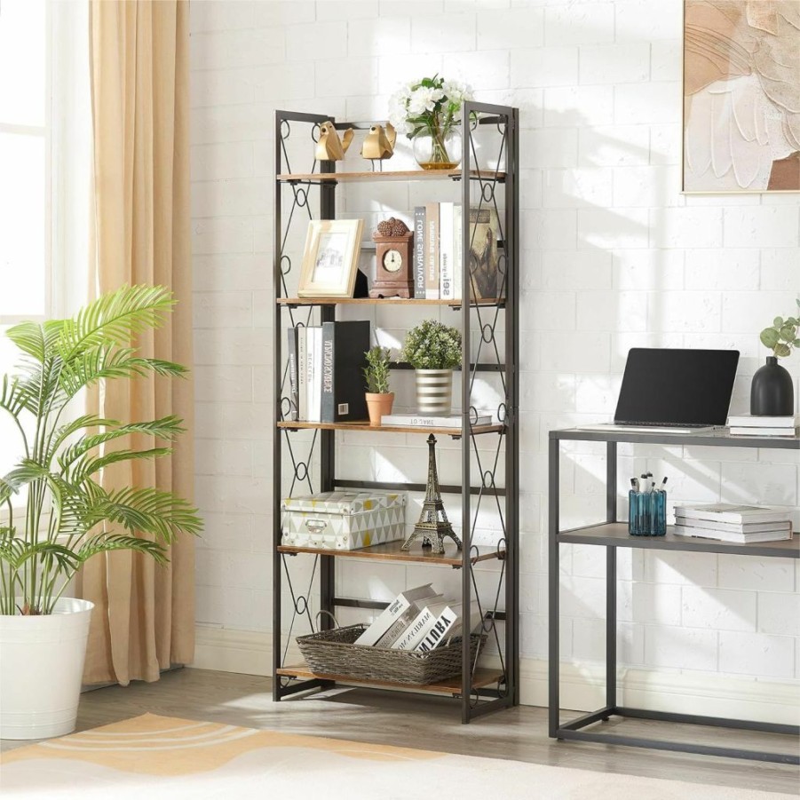 VECELO | Vecelo Bookshelf,4-Tier Metal Frame Book Shelf,Open Display Shelf With 2 Drawers And 1 Cabinet,Classic Brown,1 Set