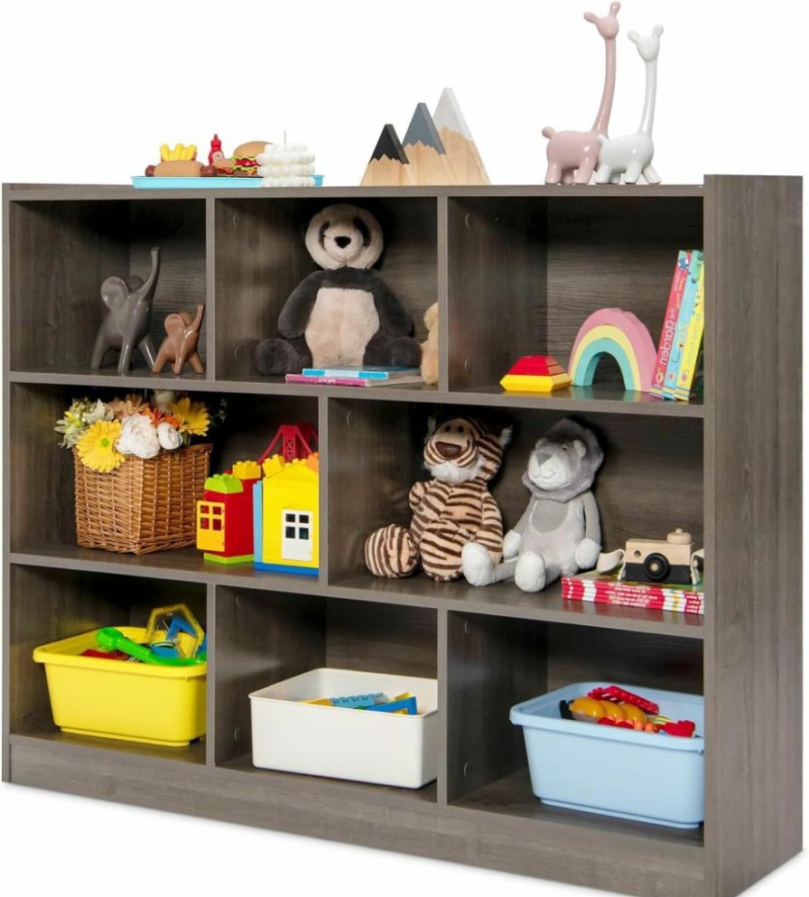 Costzon | Costzon 2-Shelf Bookcase For Kids, Wooden Toy Storage Organizer For Books Toys, 5-Section Freestanding Classroom Daycare Shelf For Home Playroom, Hallway & Kindergarten (Burlywood)