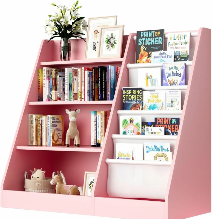 HedoAjim | White 4 Tier Kids Wooden Bookshelf, Five Layer Sling Bookcase, Kids Storage Book Rack, Book And Toy Organizer Cabinet, Book Display, For Playroom, Bedroom, Study Living Room, Nursery,Classroom