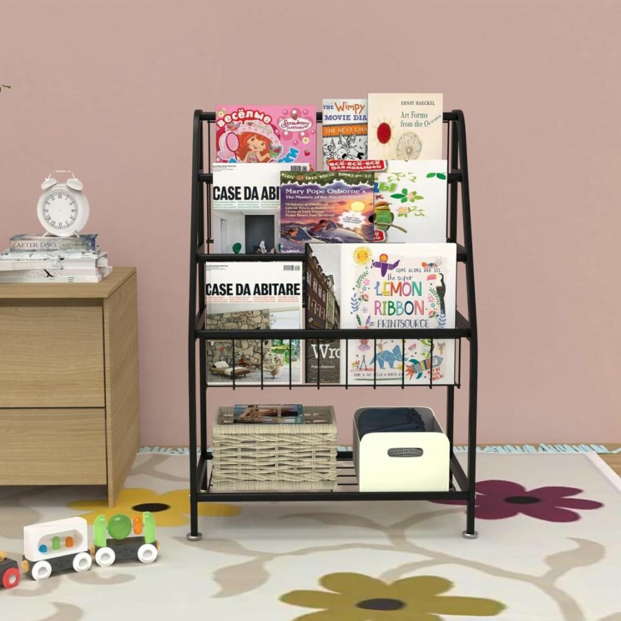 Azheruol | Azheruol Kids Bookshelf Freestanding For Children Room 18 Inches Black Metal Bookcase Large Capacity Books Toys Organizer Stable 5 Tiers Kids Book Rack For Playroom Bookstore Library.