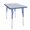 Factory Direct Partners | Fdp Rectangle Activity School And Office Table (24 X 36 Inch), Standard Legs With Swivel Glides, Adjustable Height 19-30 Inches; Quick Ship Single Box - Gray Top And Blue Edge