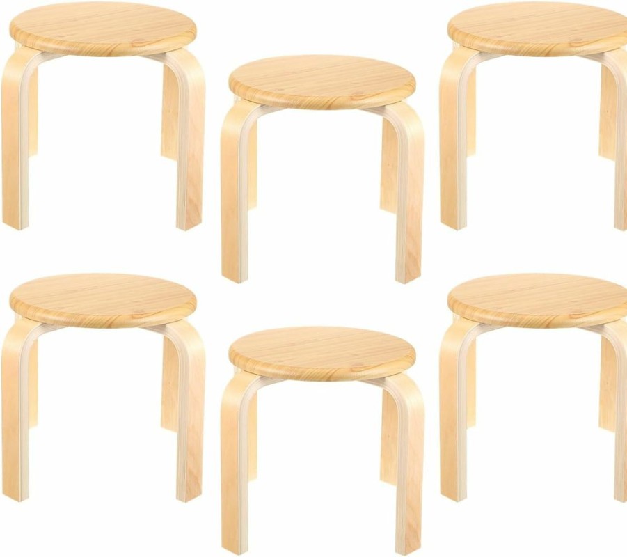 Leinuosen | Leinuosen 6 Pcs Solid Wood Stools For Kids, Wooden Stackable Bentwood Round Top Stools Backless Stools For Office, Classrooms, Dining Room, Kitchen