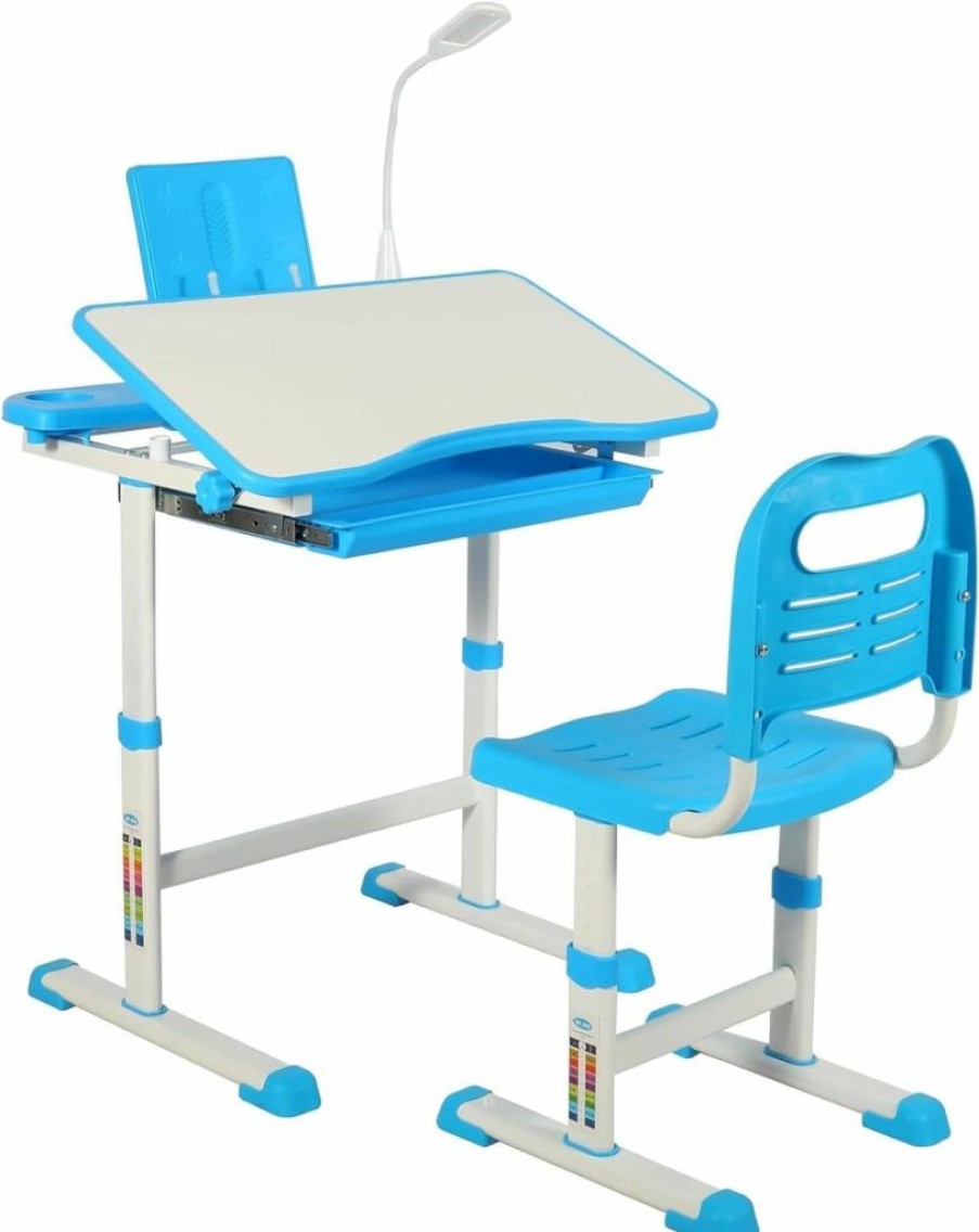 Domaker | Domaker Adjustable Student Desk And Chair Set, 3-15 Kids School Desk With Drawing Tilt Desktop/Led Light/Cup Holder/Bookstand/Storage Drawer, Study Desk For Boys & Girls,Blue