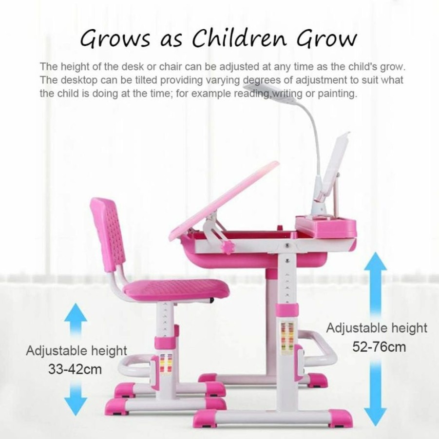 Cantonape | Cantonape Kids Desk And Chair Set, Height Adjustable Children School Study Desk With Tilt Desktop, Bookstand, Led Lamp, Metal Hook And Storage Drawer For Boys Girls, (Pink)