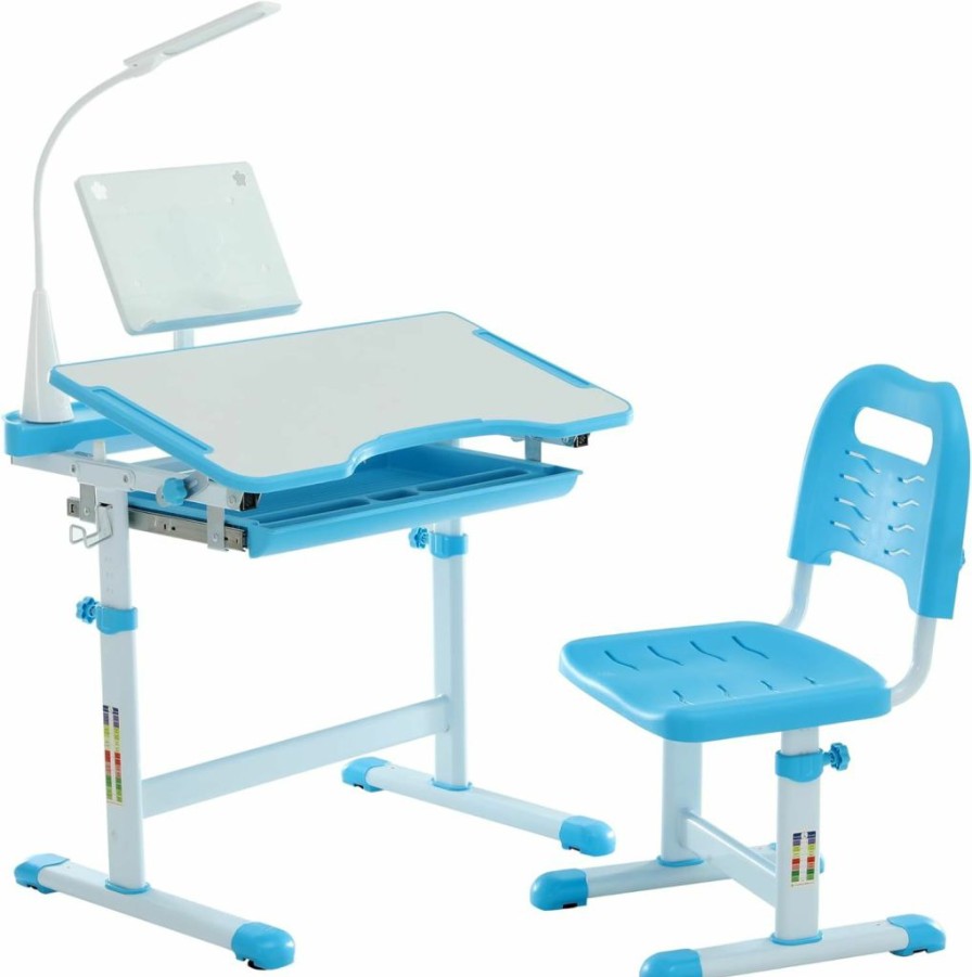 Diroan | Diroan Kids Functional Desk And Chair Set, Height Adjustable Children School Study Desk With Tilt Desktop, Book Stand, Led Light, Metal Hook And Storage Drawer For Boys Girls(Blue)