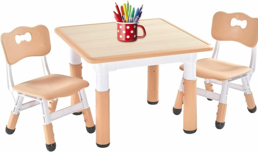 FUNLIO | Funlio Kids Table And 2 Chairs Set For Ages 3-8, Height Adjustable Toddler Table And Chair Set, Easy To Wipe Arts & Crafts Table, For Classrooms/Daycares/Homes, Cpc & Ce Approved (3Pcs Set) Natural