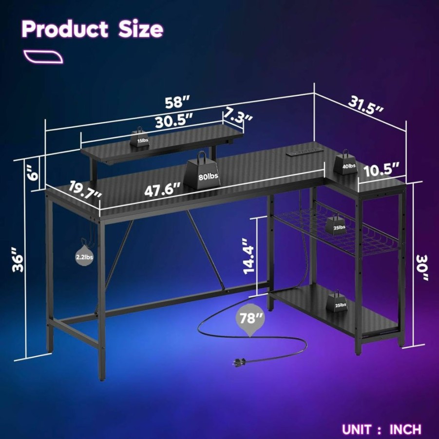 Bestier | Bestier Small L Shaped Desk With Charging Port & Led Strip,Modern Computer Desk With Reversible Storage Shelves,Corner Desk With Hooks For Bedroom Office Studio Workstation,Rustic Brown