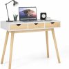 Giantex | Giantex Modern Writing Desk With 3 Drawers, 40" Computer Desk With 4 Natural Rubber Wood Legs, Laptop Desk For Small Space, Makeup Table Vanity Desk, Workbench Desk Study Table For Bedroom Home Office