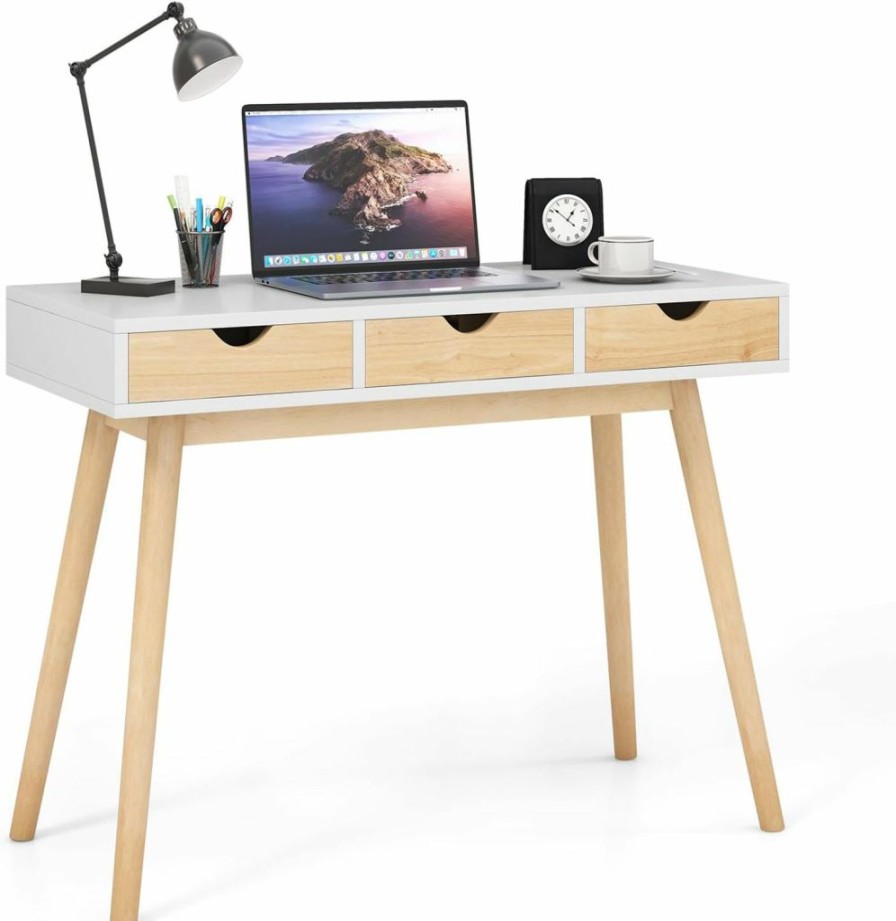 Giantex | Giantex Modern Writing Desk With 3 Drawers, 40" Computer Desk With 4 Natural Rubber Wood Legs, Laptop Desk For Small Space, Makeup Table Vanity Desk, Workbench Desk Study Table For Bedroom Home Office