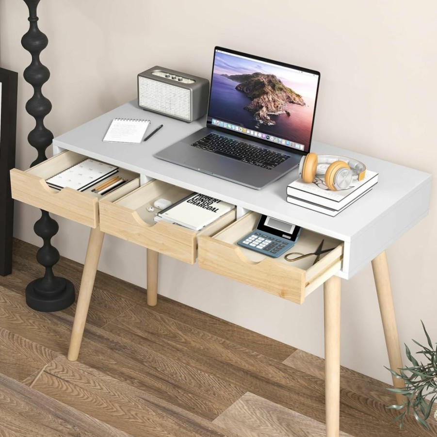 Giantex | Giantex Modern Writing Desk With 3 Drawers, 40" Computer Desk With 4 Natural Rubber Wood Legs, Laptop Desk For Small Space, Makeup Table Vanity Desk, Workbench Desk Study Table For Bedroom Home Office