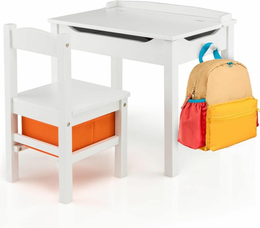 Costzon | Costzon Kids Table And Chair Set, Flip Top Toddler Study Desk W/Chair For Playroom & Nursery, Wood Activity Table Set W/Storage Space, Safety Hinge, Pull-Out Drawer & Hook For Arts, Crafts (White)