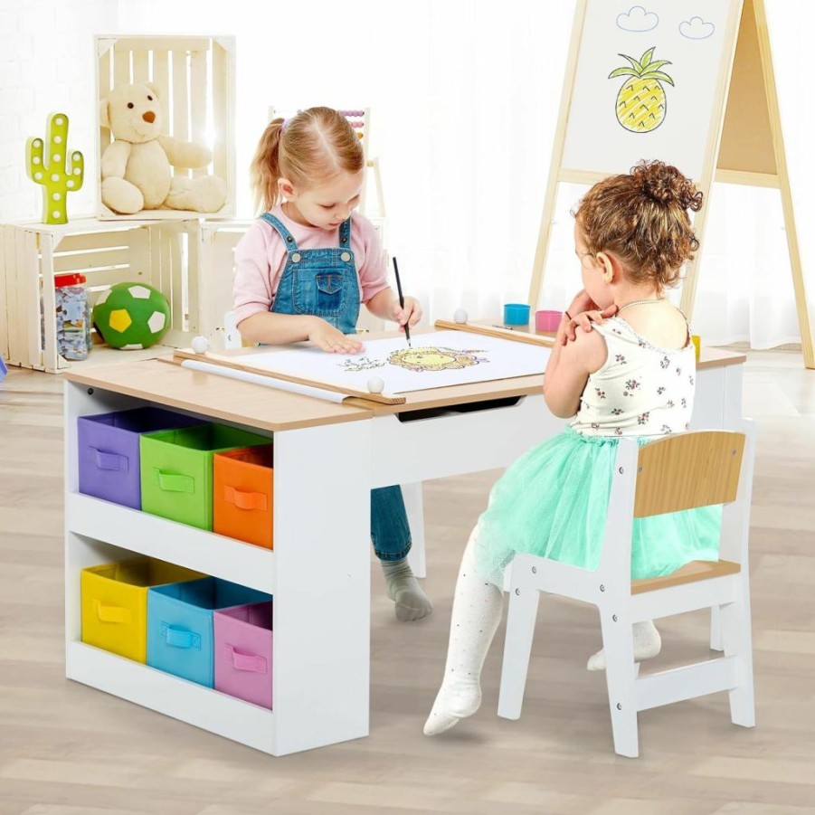 Costzon | Costzon 2 In 1 Kids Table And Chair Set, Wood Art Table & Easel Set With 2 Chairs, 6 Storage Bins, Paper Roller, Paint Cups For Draw, Write, Play, Arts & Crafts, Toddler Table And Chair Set (Natural)