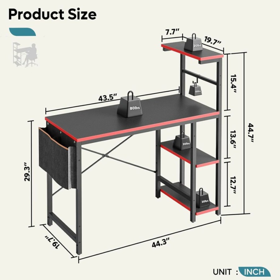 Bestier | Bestier Gaming Desk With Led Lights, 44 Inch Pc Gamer Desk For Small Spaces, Computer Desk With Reversible Storage Shelves & Side Storage Bag (Black 3D Carbon Fiber)