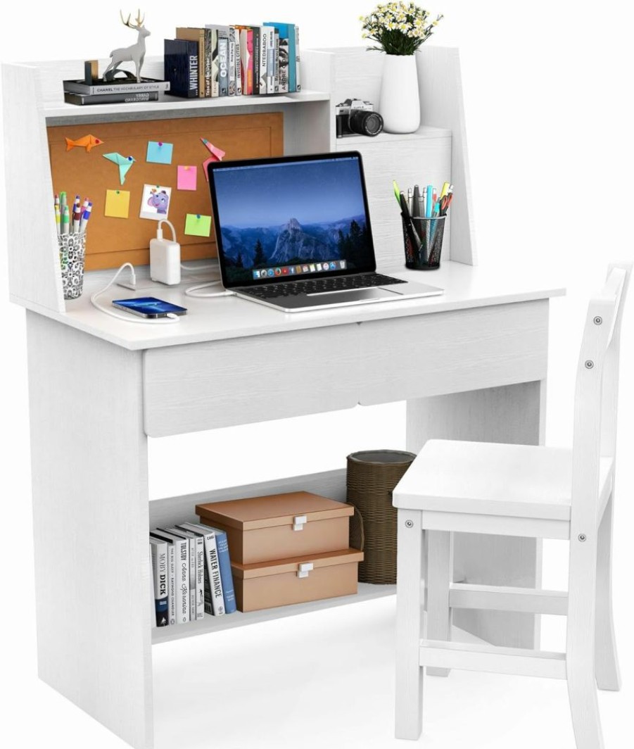 RUPOLX | Rupolx White Kids Desk And Chair Set For 5-12 Year Old, Childrens Computer Desk With Charging Station, Kids Study Table With Drawers And Storage Shelf