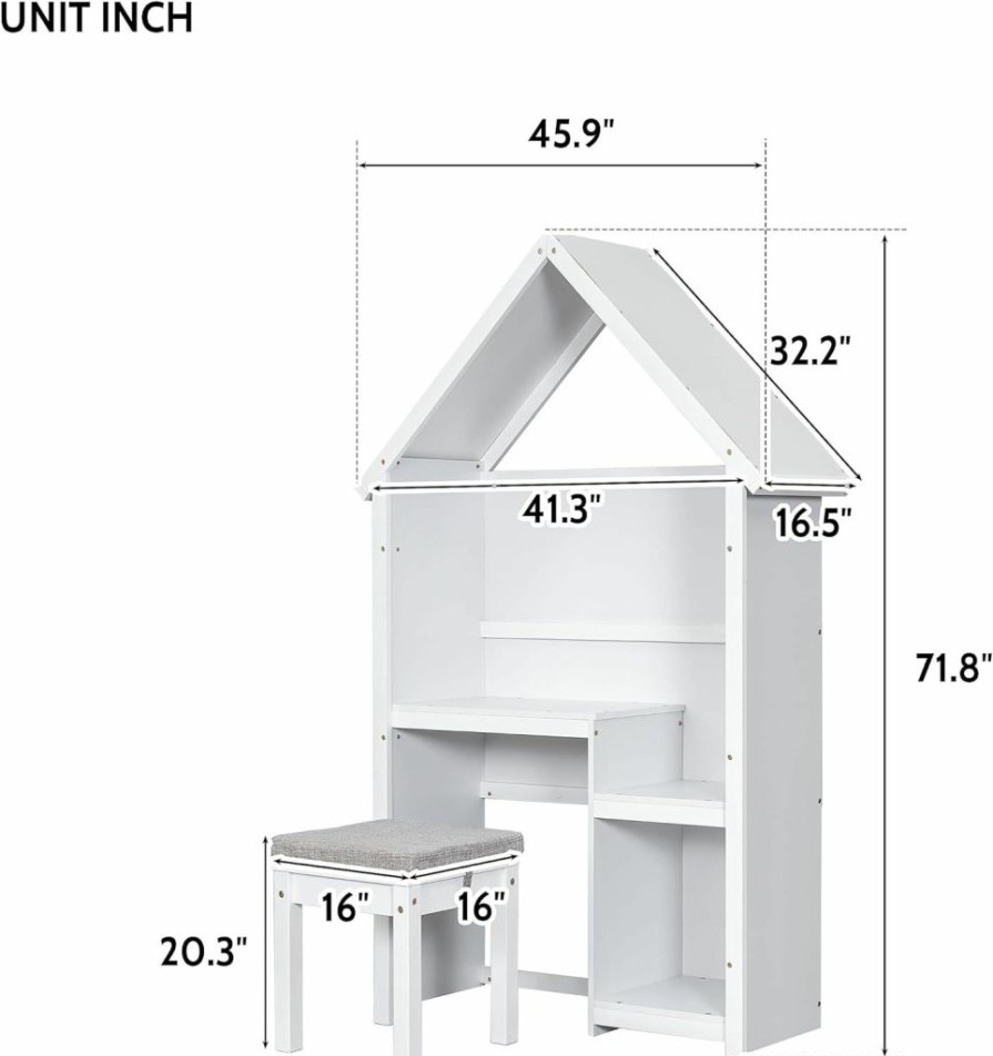 Dolonm | Dolonm Kids Desk And Chair Set, Wooden Kids Computer Desk With Detachable Cushion Stooll, House-Shaped Desk With Storage Shelf For Bedroom, Kids Study Desk And Chair Set For Ages 3+, White