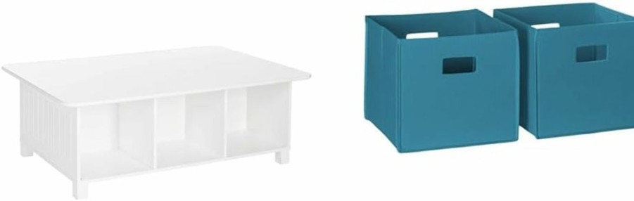 RiverRidge | Riverridge Kids 6 Cubby Storage Activity Table, White & Folding Bin, Turquoise, 2 Piece