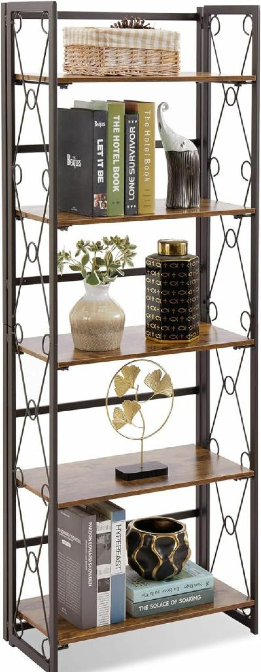 VECELO | Vecelo Bookshelf,4-Tier Metal Frame Book Shelf,Open Display Shelf With 2 Drawers And 1 Cabinet,Classic Brown,Set Of 2