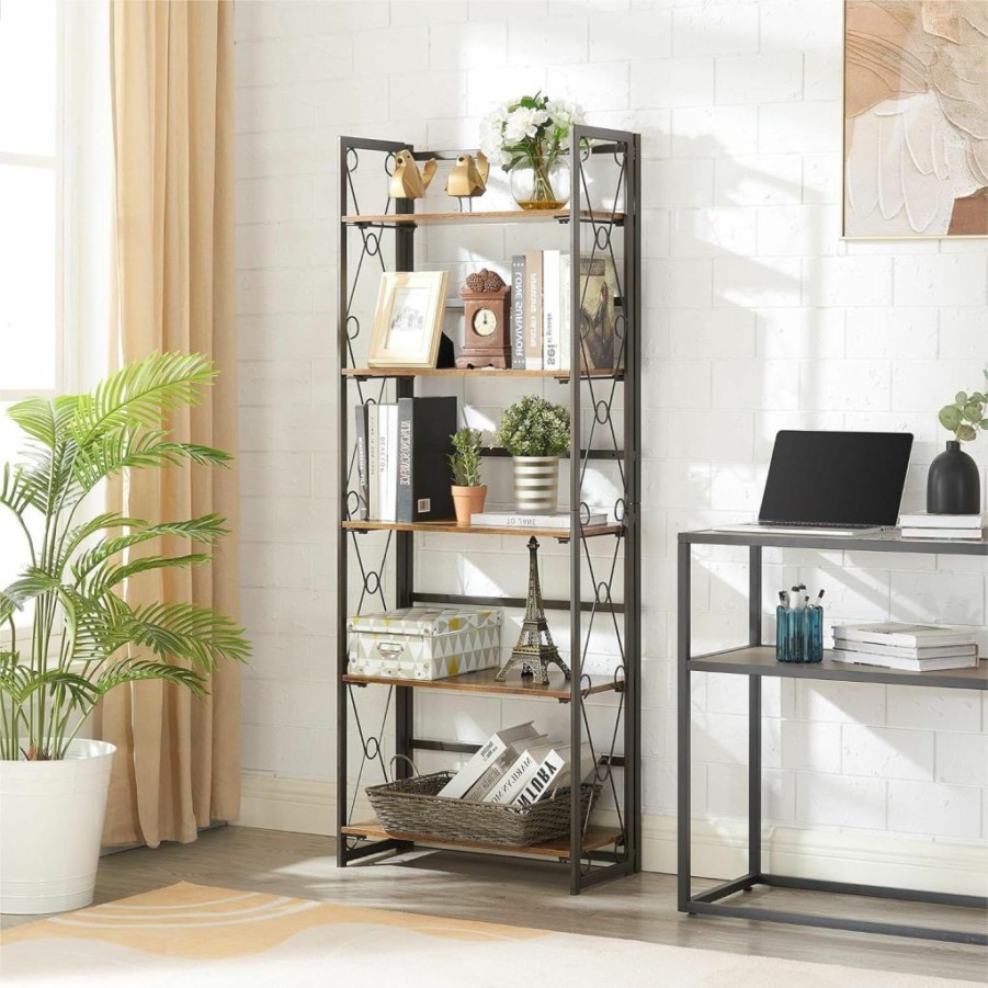 VECELO | Vecelo Bookshelf,4-Tier Metal Frame Book Shelf,Open Display Shelf With 2 Drawers And 1 Cabinet,Classic Brown,Set Of 2