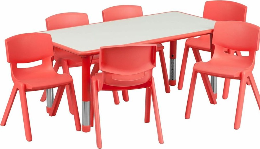 Flash Furniture | Flash Furniture Emmy Adjustable Classroom Activity Table With 6 Stackable Chairs, Rectangular Plastic Activity Table For Kids, 23.625" W X 47.25" L, Natural