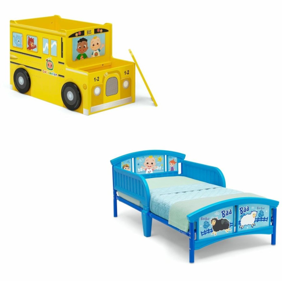 Delta Children | Delta Children Cocomelon School Bus Toy Box + Delta Children Cocomelon Kids Table And 2-Chair Set With Storage (Bundle)