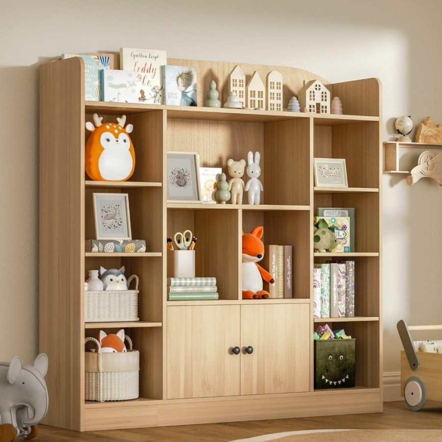 DIYART | Diyart Oak Kids Bookshelf, Kids Bookcase With 11 Cubbies And 2 Cabinets, Freestanding Book Storage Shelves For Bedroom, Playroom, Hallway