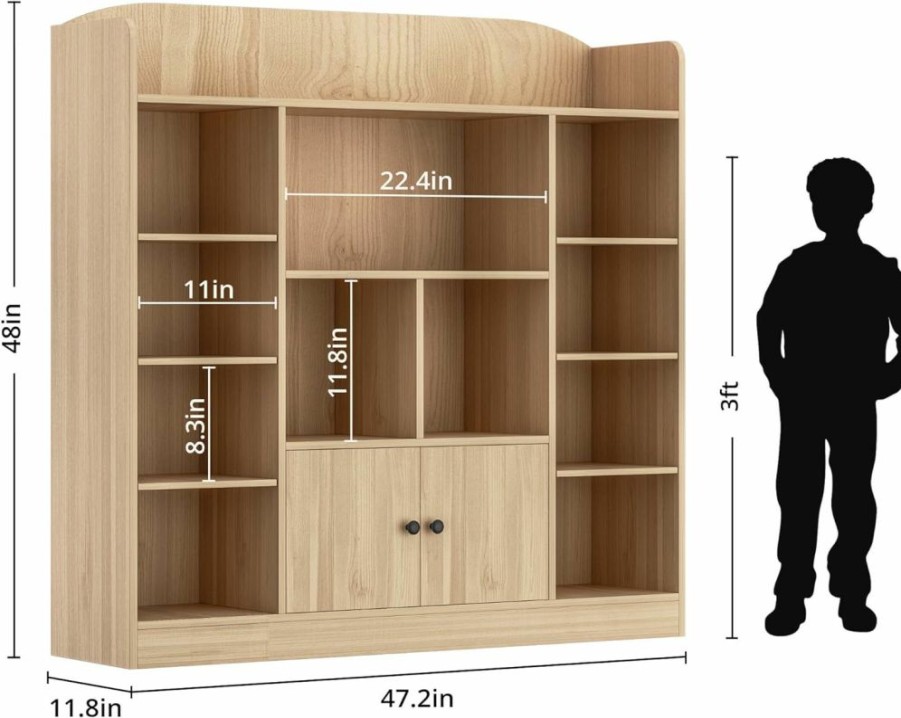 DIYART | Diyart Oak Kids Bookshelf, Kids Bookcase With 11 Cubbies And 2 Cabinets, Freestanding Book Storage Shelves For Bedroom, Playroom, Hallway