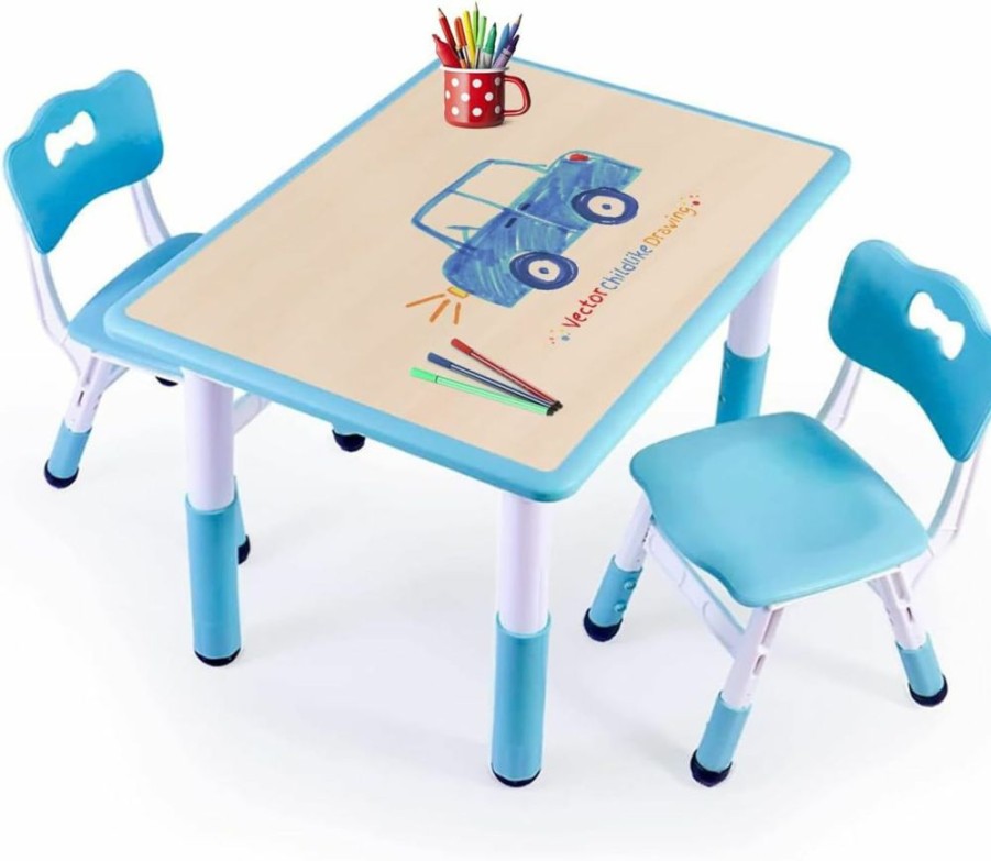 HAPPYMATY | Kids Table And Chairs, Toddler Table And Chairs, Kids Table( 2 Chairs ), Kids Table And Chair Set, Kids Table And Chair Set 5-8 Year Old, Toddler Table And Chair Set With 8 Leg Covers +12 Color Pens