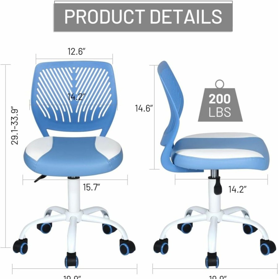 FurnitureR | Furniturer Desk Chair Small Study Chairs Armless For Child Kids Teens, Swivel Rolling Lightweight Task Chair With Wheels And Mesh Padded Cushion, Turquoise