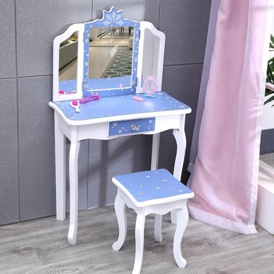 Nromant | Nromant Kids Vanity Table And Chair Set, Girls Vanity Set With Stool, Tri-Folding Mirror, Makeup Dressing Princess Table With Drawer For Little Girls