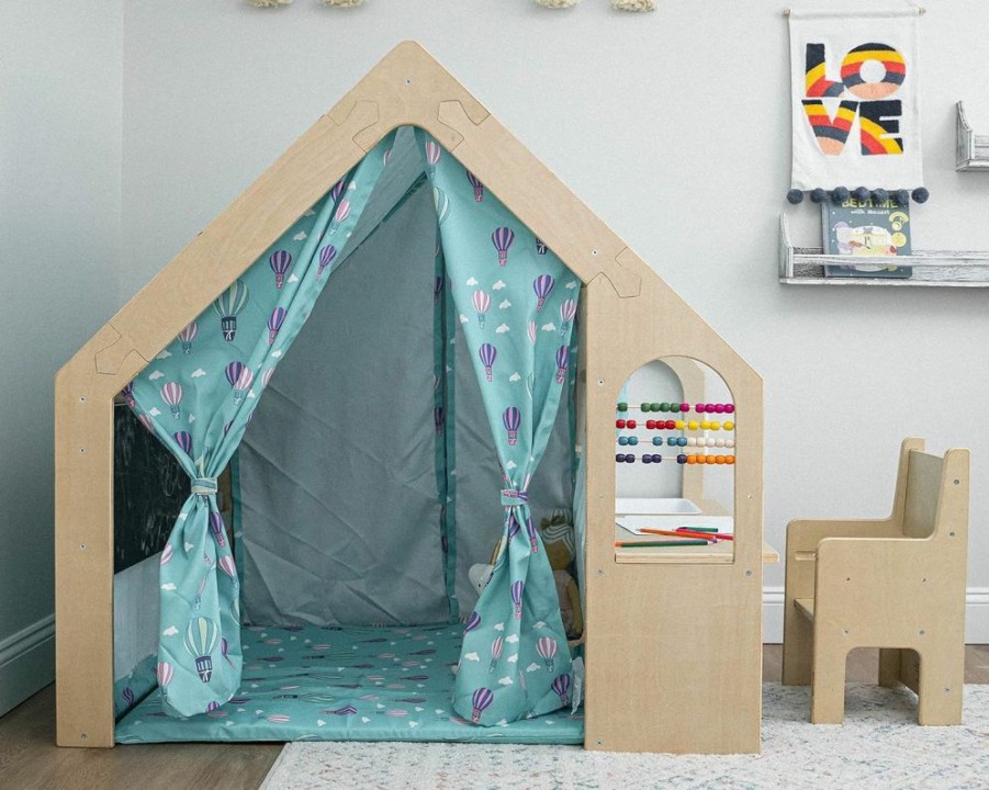 Avenlur | Avenlur Flair Montessori Style Wooden 5 In 1 Indoor Playhouse Play Tent With Desk Table, Chair, Chalkboard, Floor Cushion And Curtain Shades For Babies, Toddlers, Kids (Large, Windowpane)