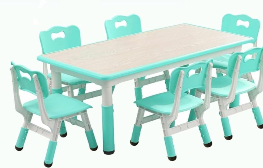 EastVita | Eastvita Kids Table And Chairs Set With 6 Seats, Adjustable Height Desk, Graffiti Table Top, For Ages 2-10, Multi-Activity Table For Classrooms, Daycares, Home Blue One Size