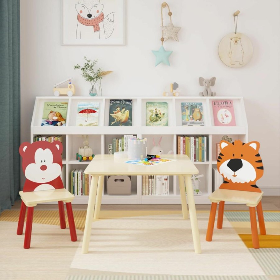 FAMIKITO | Famikito Kids Table And 2 Chairs Set, 3 Pieces Wooden Activity Play Table Set, Toddler Table And Chair Set For Boys & Girls Daycare Home Children Playroom School Kindergarten (Tiger & Bear)