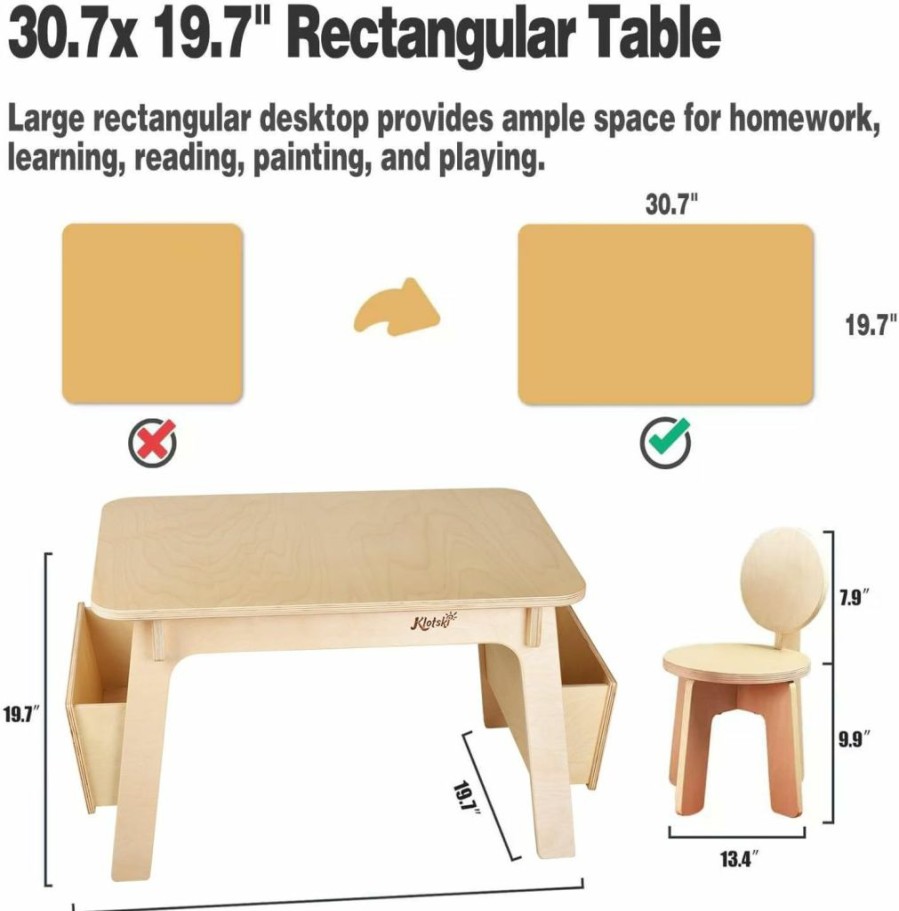 klotski | Klotski Kids Table And 2 Chair Set, Wood Activity Toddler Table And Chair Set With Storage, Children Table With Non-Slip Legs/Round Edge Design For Activity/Play/Art/Read/Craft